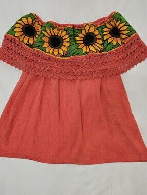 Cotton Mexican Embroidered Top Shirt Tunic Flowers Short Sleeve 70s Boho Small
